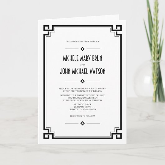 Black Lijst Art Deco White Wedding Fold Invite (Voorkant)