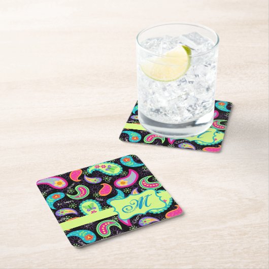 Black Lime Green Monogram persoonlijke Paisley Kartonnen Onderzetters (Insitu)