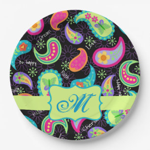 Black Lime Green Monogram persoonlijke Paisley Papieren Bordje