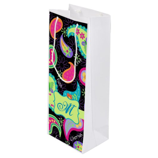 Black Lime Green Monogram persoonlijke Paisley Wijn Cadeautas (Voorkant Gekanteld)