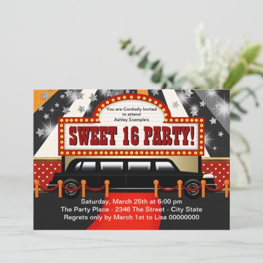 Black Limo Film Star Sweet 16 Party Kaart (Staand voorkant)