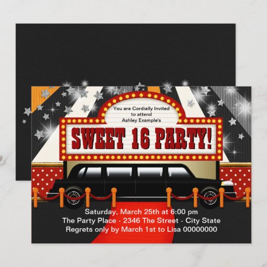 Black Limo Film Star Sweet 16 Party Kaart (Voorkant / Achterkant)