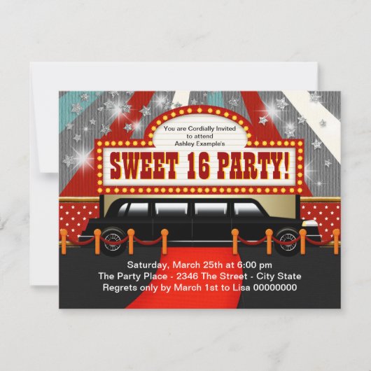 Black Limo Film Star Sweet 16 Party Kaart (Voorkant)