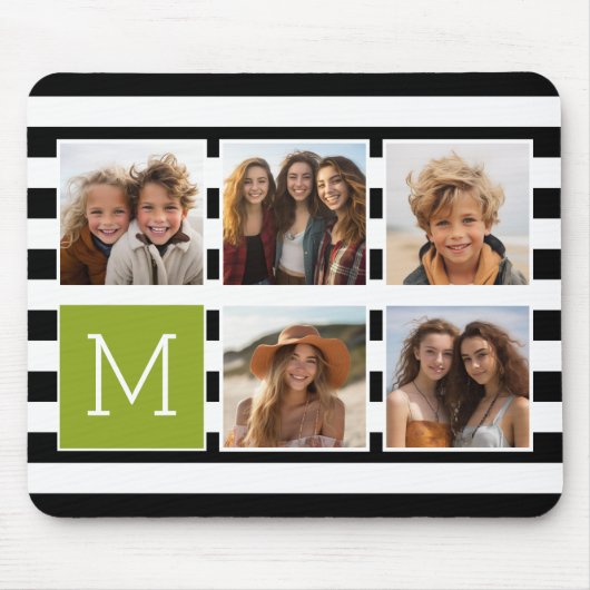 Black Limoen Striped Photo Collage Custom Monogram Muismat (Voorkant)