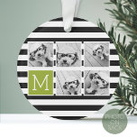 Black Limoen Striped Photo Collage Custom Monogram Ornament<br><div class="desc">De achtergrond omvat een optioneel streeppatroon - Gebruik vijf vierkante foto's om een uniek en persoonlijk cadeau te creëer. Of je kunt de hipster puppy houden en een trendy keepslag maken. Als u de afbeeldingen moet aanpassen,  klik op het aanpassingshulpmiddel om veranderingen aan te brengen.</div>