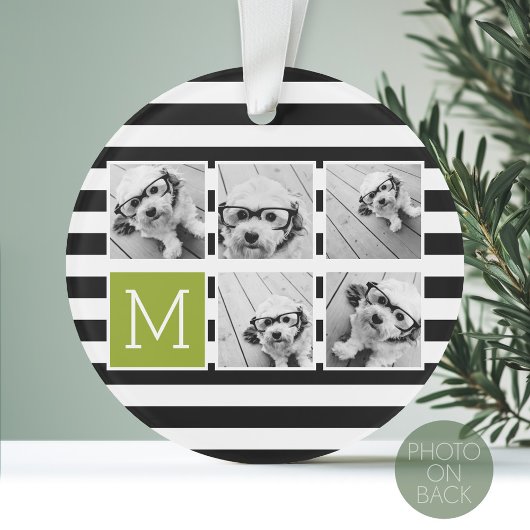 Black Limoen Striped Photo Collage Custom Monogram Ornament