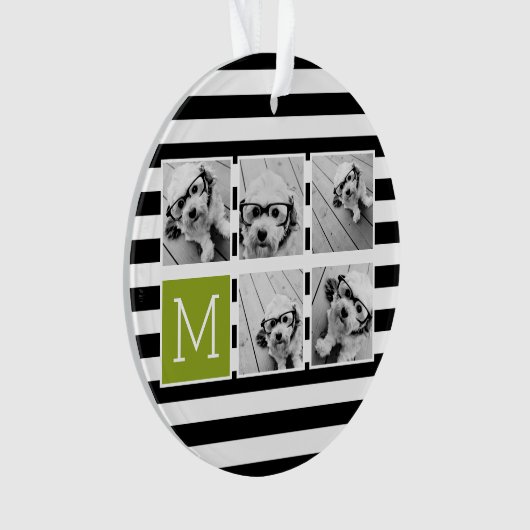 Black Limoen Striped Photo Collage Custom Monogram Ornament (voorkant)