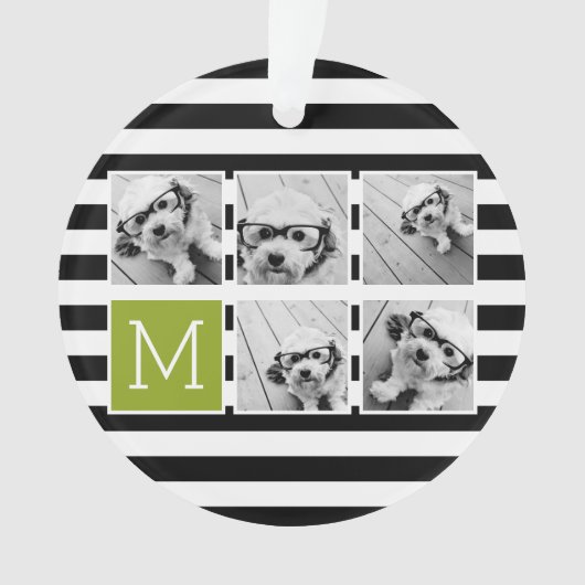 Black Limoen Striped Photo Collage Custom Monogram Ornament (voorkant)
