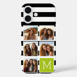 Black Limoen Striped Photo Collage Monogram iPhone 16 Hoesje