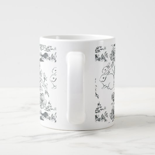 Black Line Art Cute Rabbit en Flower Grote Koffiekop (Achterkant)