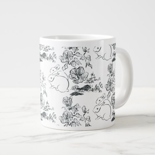 Black Line Art Cute Rabbit en Flower Grote Koffiekop (Voorkant rechts)