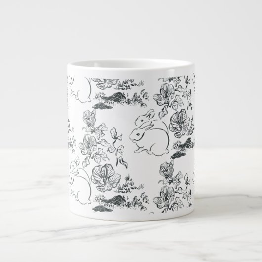 Black Line Art Cute Rabbit en Flower Grote Koffiekop (Voorkant)