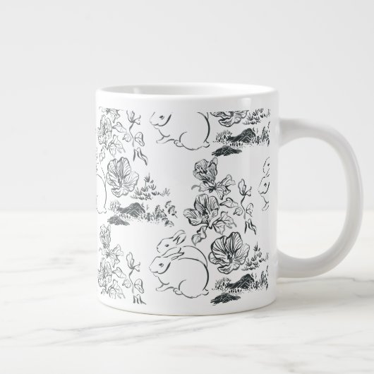 Black Line Art Cute Rabbit en Flower Grote Koffiekop (Rechts)