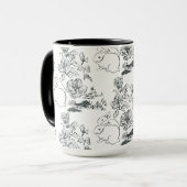 Black Line Art Cute Rabbit en Flower Mok (Voorkant links)