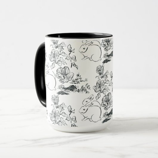 Black Line Art Cute Rabbit en Flower Mok (Voorkant links)