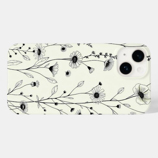 Black Line Art Floral Cream iPhone Case (Achterkant (horizontaal))