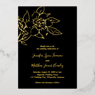 Black Line Art Floral Elegante bruiloft Folie Uitnodiging