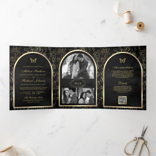 Black Line Art Gold Arch Butterfly Wedding Drieluik Uitnodiging (Binnen)