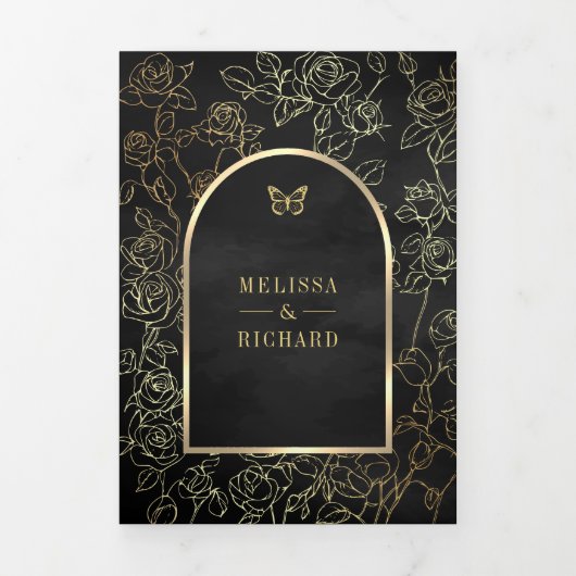Black Line Art Gold Arch Butterfly Wedding Drieluik Uitnodiging (Cover)