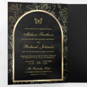 Black Line Art Gold Arch Butterfly Wedding Drieluik Uitnodiging (Binnenzijde eerst)