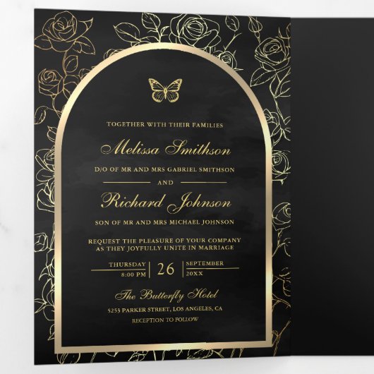Black Line Art Gold Arch Butterfly Wedding Drieluik Uitnodiging (Binnenzijde eerst)
