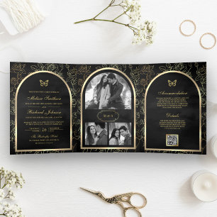 Black Line Art Gold Arch Butterfly Wedding Drieluik Uitnodiging