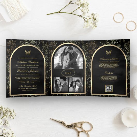 Black Line Art Gold Arch Butterfly Wedding Drieluik Uitnodiging