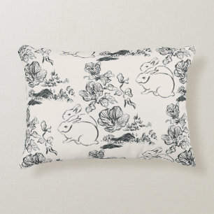 Black Line Art Rabbit en Flower Asian Style Accent Kussen