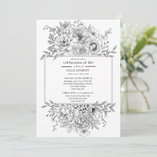 Black Line Bloemen Begrafenis Viering van het leve Kaart (Staand voorkant)