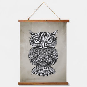 Black Line Drawing Graphic Owl Bird Hangend Wandkleed