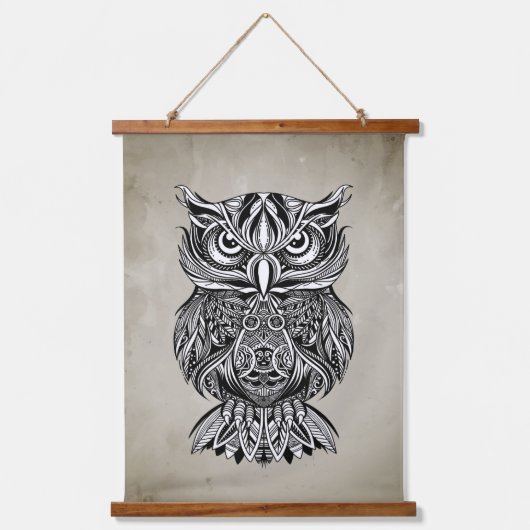 Black Line Drawing Graphic Owl Bird Hangend Wandkleed (Voorkant)