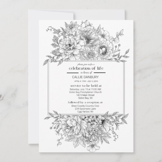 Black Line Florals begrafenisfoto Kaart (Voorkant)