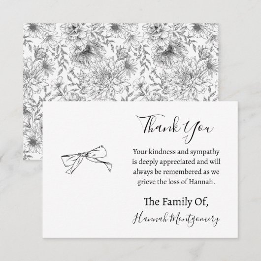 Black Line Florals Begrafenissympathie Dank u Notitiekaartje (Voorkant / Achterkant)