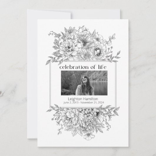 Black Line Florals Foto Begrafenisprogramma Kaart (Voorkant)