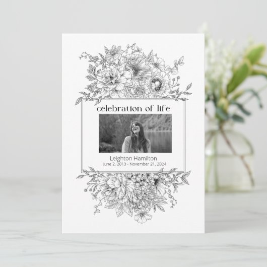 Black Line Florals Foto Begrafenisprogramma Kaart (Staand voorkant)