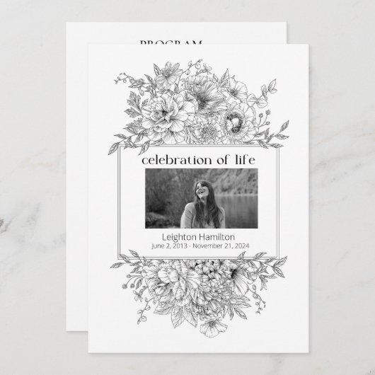 Black Line Florals Foto Begrafenisprogramma Kaart (Voorkant / Achterkant)