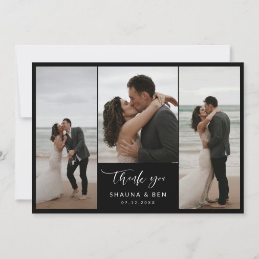 Black Lined Back 3 Photo Collage Weddenschap Harte Bedankkaart (Voorkant)