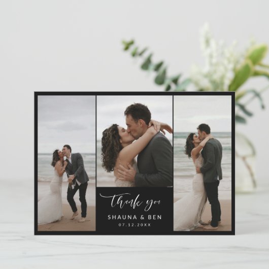 Black Lined Back 3 Photo Collage Weddenschap Harte Bedankkaart (Staand voorkant)