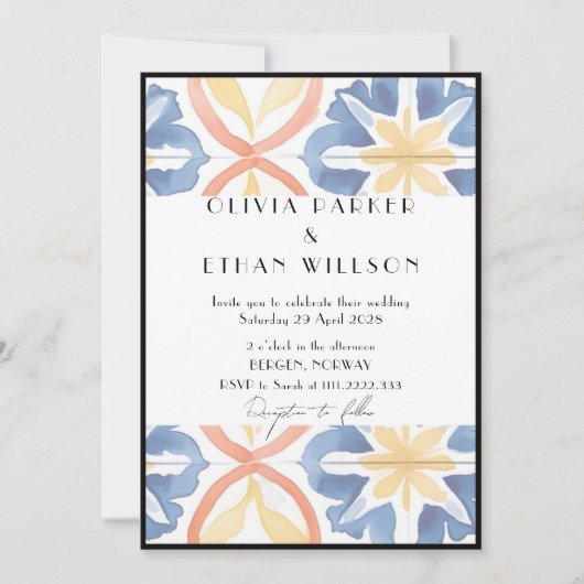 Black Lined Zomer Spaanse Tiled Wedding Invitat Kaart (Voorkant)