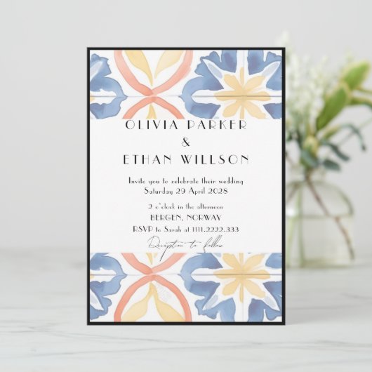 Black Lined Zomer Spaanse Tiled Wedding Invitat Kaart (Staand voorkant)