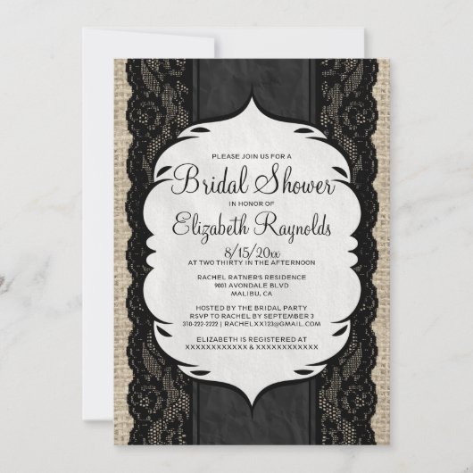 Black Linen Burlap Lace Bridal Shower-uitnodiginge Kaart (Voorkant)