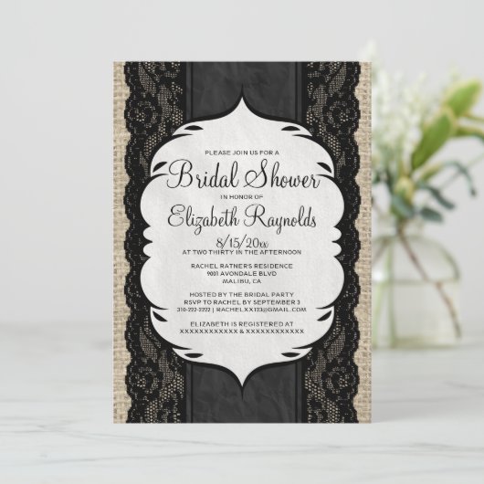 Black Linen Burlap Lace Bridal Shower-uitnodiginge Kaart (Staand voorkant)