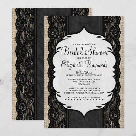 Black Linen Burlap Lace Bridal Shower-uitnodiginge Kaart (Voorkant / Achterkant)