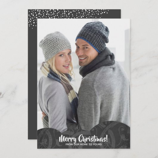 Black Linen Filigree Foto met kerstfeestdag Kaart (Voorkant / Achterkant)