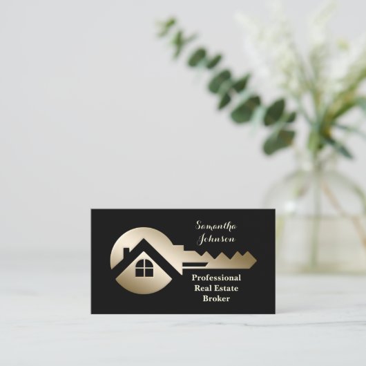 Black Linen Gold Key Real Estate Visitekaartje (Staand voorkant)
