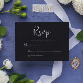 Black Linen Simple Black Script RSVP-kaart Kaart