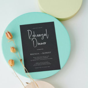 Black linen Simple White Script Rehearsal Dinner Kaart