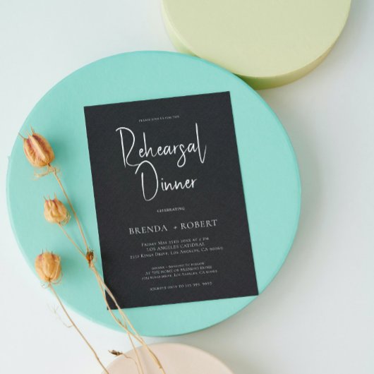 Black linen Simple White Script Rehearsal Dinner Kaart
