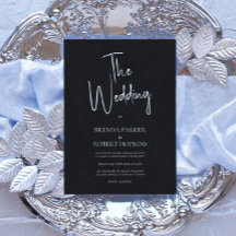 Black linen Simple White Script Wedding Invite