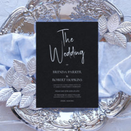 Black linen Simple White Script Wedding Invite Kaart